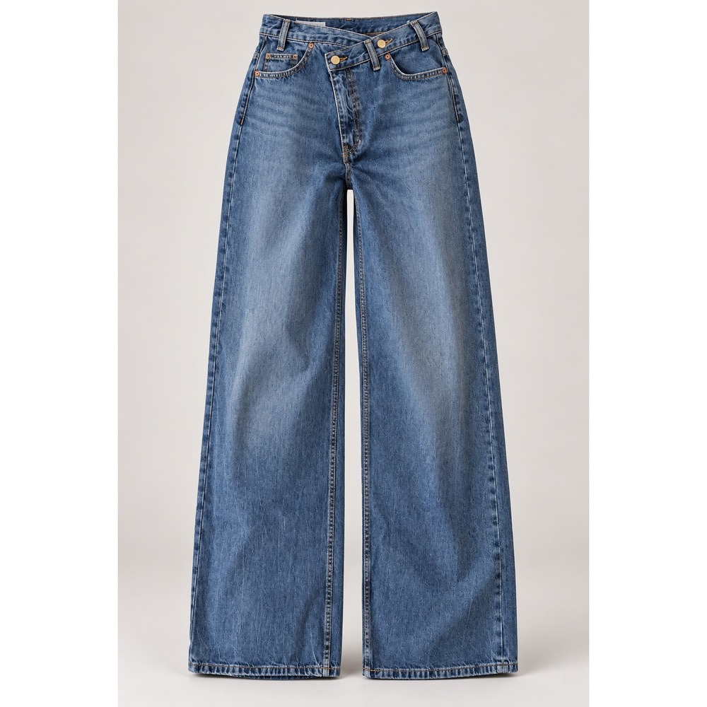 Zara Asymmetrical Crossover Waist Wide Leg Jeans Women 8 Blue Medium Wash